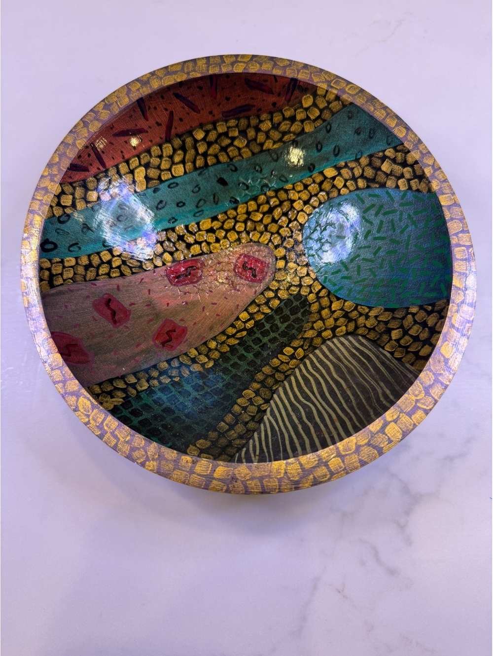 Hand Painted Abstract Mixed Media Art Bowl Textured Gold Mosaic Wood Decor 8"